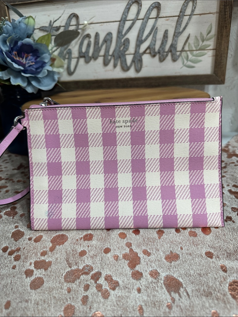 kate spade lilac and Cream Gingham Wristlet Crossbody